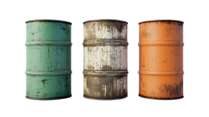 Three rusty metal barrels in green, white, and orange colors, showing signs of wear and weathering.