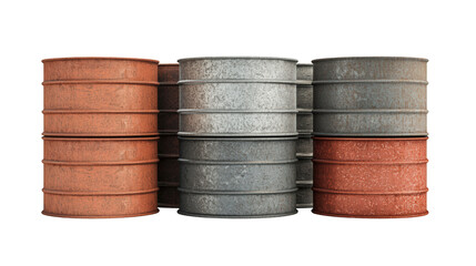 Three stacked metal barrels with weathered, rusty, and textured surfaces in various shades of gray and red.