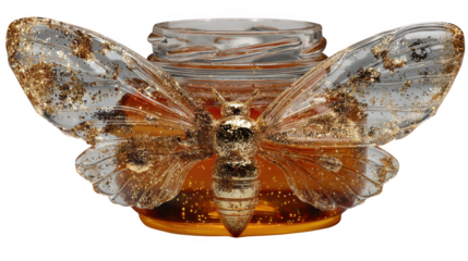 A magical glass jar filled with golden honey, adorned with ornate butterfly wings isolated on transparent background