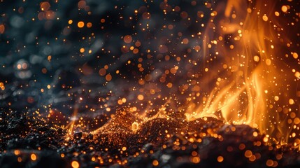 A powerful blast furnace glows with intense heat at night, casting off a shower of brilliant orange sparks. The scene captures the raw, fiery energy of molten metal production in a heavy industrial se
