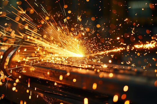 A high-speed grinding tool cuts into a metal surface, creating a spectacular and dynamic fan of fiery sparks that illuminates the dark industrial workshop