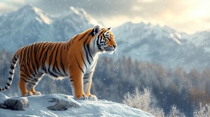 Obraz premium A magnificent Siberian tiger stands proudly on a snowy rock, looking directly at the camera with calm intensity against a backdrop of majestic, snow-covered mountains