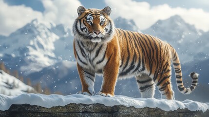 Obraz premium A magnificent Siberian tiger stands proudly on a snowy rock, looking directly at the camera with calm intensity against a backdrop of majestic, snow-covered mountains