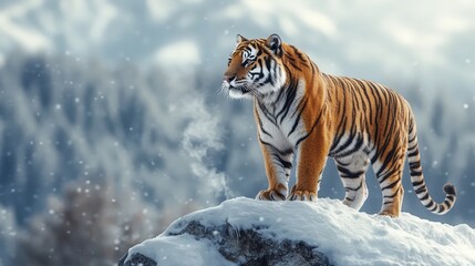 Obraz premium A magnificent Siberian tiger stands proudly on a snowy rock, looking directly at the camera with calm intensity against a backdrop of majestic, snow-covered mountains