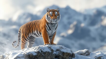 Obraz premium A magnificent Siberian tiger stands proudly on a snowy rock, looking directly at the camera with calm intensity against a backdrop of majestic, snow-covered mountains