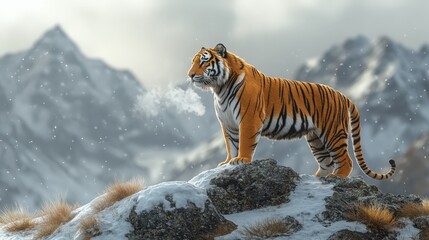 Obraz premium A magnificent Siberian tiger stands proudly on a snowy rock, looking directly at the camera with calm intensity against a backdrop of majestic, snow-covered mountains