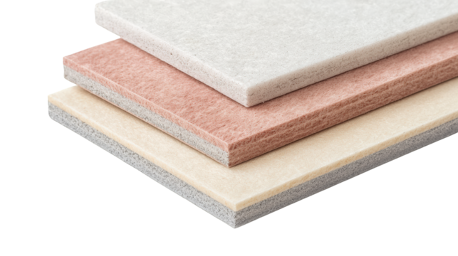 Three stacked rectangular ceramic tiles in beige, pink, and light gray colors with textured surfaces against a black background.