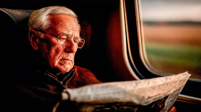 Senior man reads newspaper on a train during the day