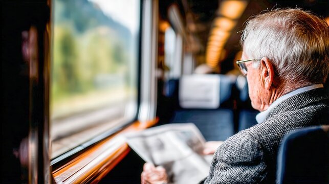 Senior man reads newspaper during train travel in Europe