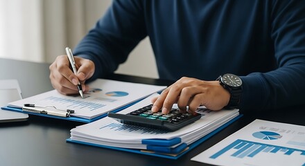 Fototapeta premium Business Analyst Analyzing Financial Reports and Using Calculator for Data Analysis and Budgeting