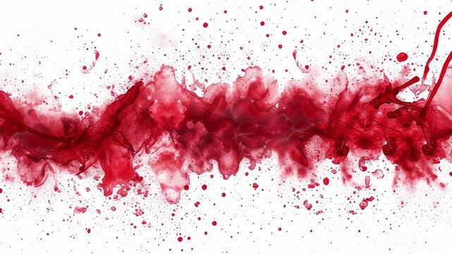 A red line of paint splatters on a white background. The splatters are in various sizes and shapes, creating a sense of chaos and movement. The red color of the paint adds a bold