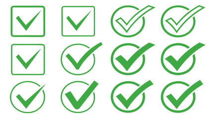 Green Check Mark Icon Set – Collection of Tick Symbols in Boxes and Circles with Outline and Filled Styles
