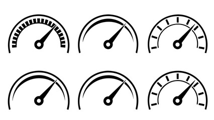 Speedometer and Gauge Icon Set – Black and White Vector Dials Representing Speed, Performance, and Progress Indicators

