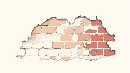Weathered brick wall. Damaged brick wall texture. Brick wall with peeling paint. Vector illustration.