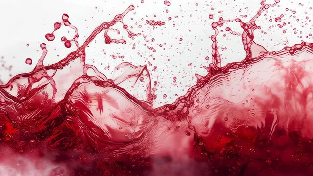 A splash of red wine is splashing across a white background. The red wine is flowing in a wave-like pattern, creating a sense of movement and energy