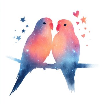 Two parakeets in a watercolor style, close together on a branch, with a starry background