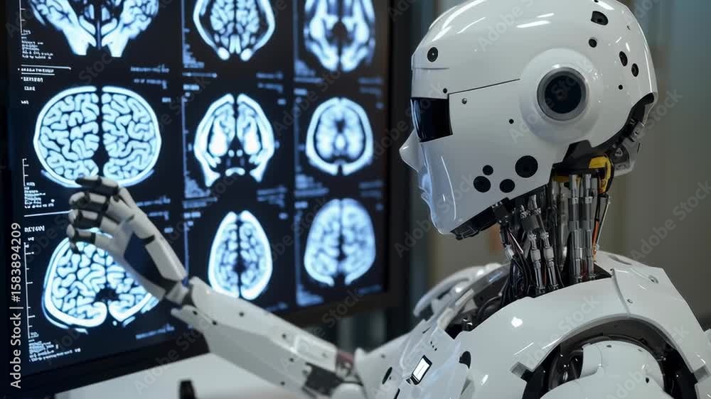 Aufkleber a robot is looking at a computer monitor with a brain scan on it. the robot is white and has a robot
