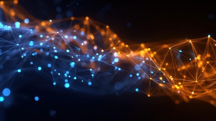 Digital Neural Network With Blue and Orange Glowing Nodes