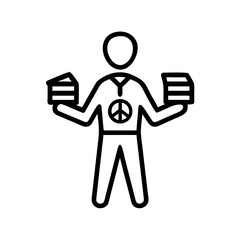 Office worker holding paper stacks with peace symbol and smiling icon for business concept