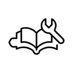 Book and wrench crossed symbolizing learning and working in simple line art style