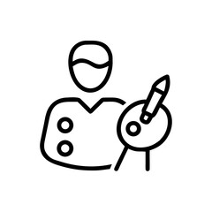 Artist with a palette and tools representing creative work in simple line art style
