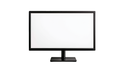 A sleek widescreen computer monitor with a black frame and stand, featuring a blank white display.