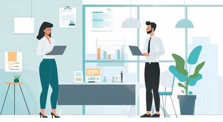 Illustration of coworkers collaborating in a modern office setting