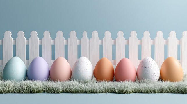 Colorful Easter Eggs Lined Up in Front of White Picket Fence