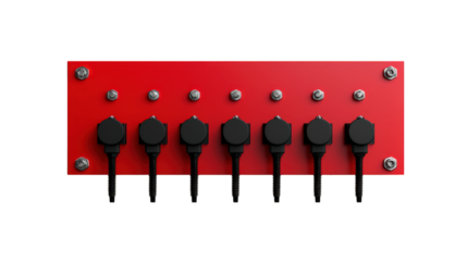 A red power distribution unit with seven black electrical sockets aligned in a row, secured by four silver bolts on the corners.