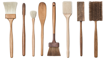 A set of seven different wooden-handled brushes with various natural and synthetic bristles aligned horizontally.