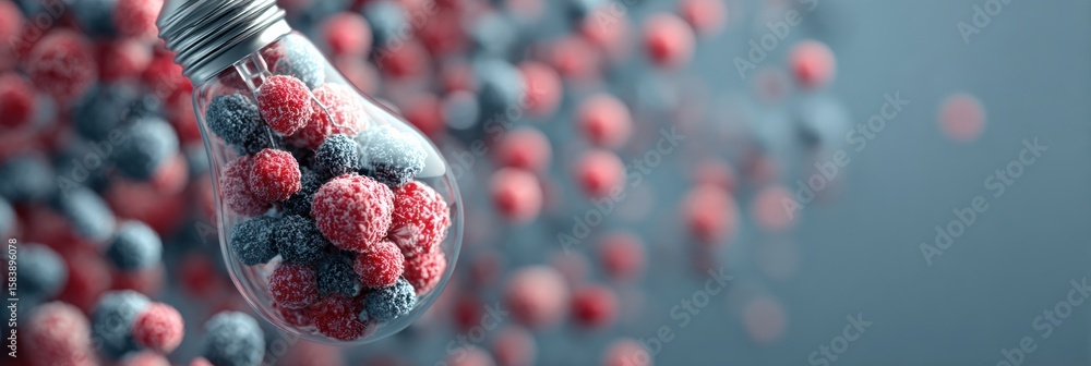 Poster visual metaphor showcasing a light bulb filled with colorful berries emphasizing innovation and crea