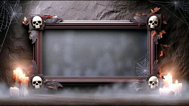 Eerie candlelit portrait frame surrounded by skulls and webs in haunted ambiance