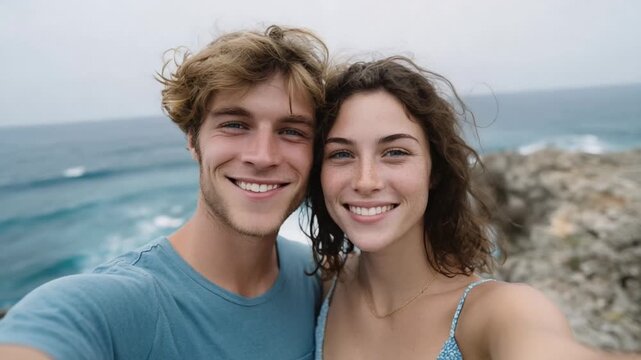 A young Caucasian couple enjoys a seaside cliff view, embodying adventure and romance ideal for travel, leisure, and exploration themes Highlights wanderlust and coastal bliss