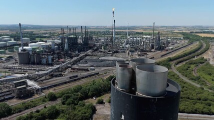 Large power plant and petrochemical refinery with smoke stacks, gas flares, industrial piping and turbine cooling fans, aerial drone video sunny summer day Immingham England 