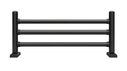 A black metal fence section with three horizontal bars and two vertical posts, designed for barrier or boundary purposes.