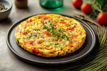 Sustainable summer vegetable scrap frittata with herb garnish