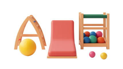 A wooden bocce ball set includes a rack, a launch pad, and colorful bocce balls arranged for play.