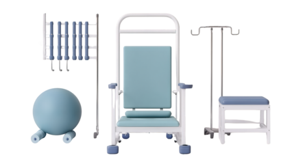 Medical rehabilitation equipment including an exercise ball, parallel bars, a padded chair with armrests, and an IV stand with a stool.