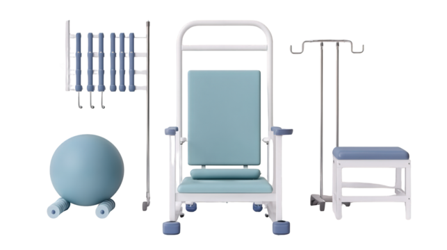 Medical rehabilitation equipment including an exercise ball, parallel bars, a padded chair with armrests, and an IV stand with a stool.