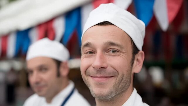 Two Caucasian male chefs in festive attire celebrate Bastille Day with vibrant flags culinary arts smiling cultural festivity gastronomy