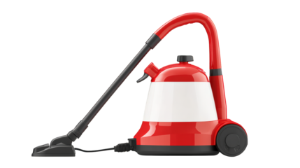 A red and white canister vacuum cleaner with a flexible black hose and wheeled base designed for efficient floor cleaning.