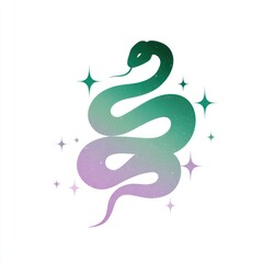 Obraz premium Serpentine silhouette with celestial accents. A mystical snake with a gradient of green and purple, surrounded by sparkling stars