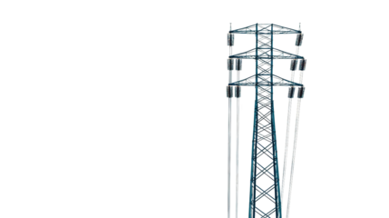 A high-voltage electricity transmission tower with multiple insulators supporting overhead power lines.