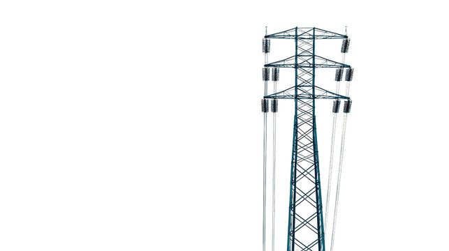 A high-voltage electricity transmission tower with multiple insulators supporting overhead power lines. - Powered by Adobe
