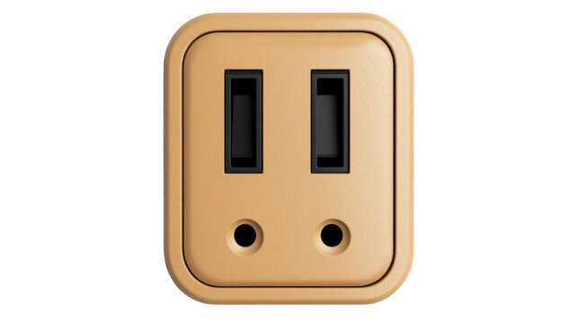 A beige electrical power outlet with two vertical rectangular slots and two circular grounding holes.