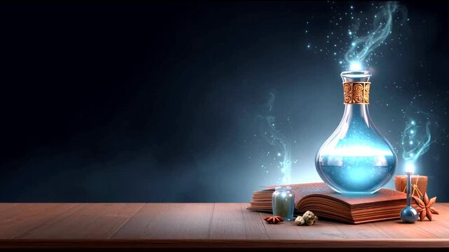 Enchanted potion bottle emanating mystical glow and magical particles on wooden surface