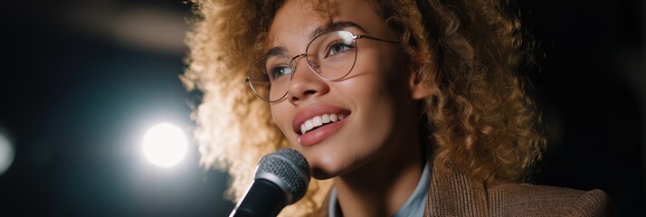 Young african female singer performing with microphone under bright stage lights