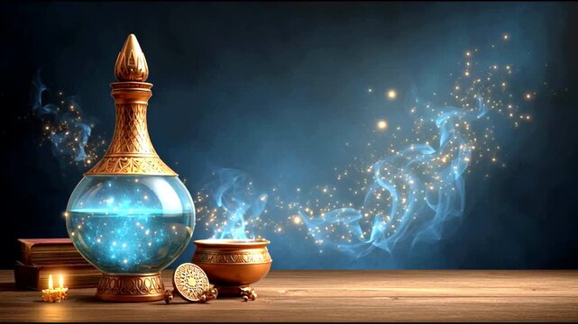 Magical potion jar with sparkling mist and books on wooden table in enchanting atmosphere