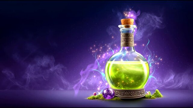 Enchanting potion bottle glowing with mystical energy in magical setting