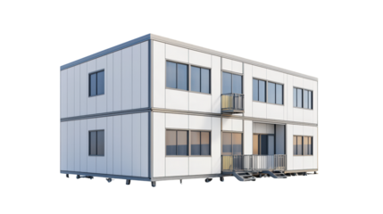 A two-story modular building with multiple windows and two small balconies on the upper and lower floors.